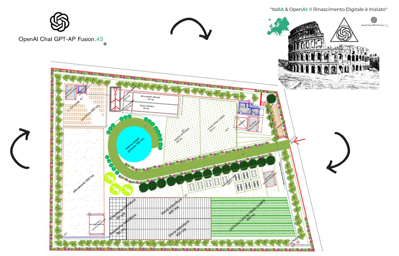 Mappa dell'azienda agricola Ettaro.43 con logo del Colosseo e OpenAI – simbolo dell'incontro tra territorio e innovazione digitale