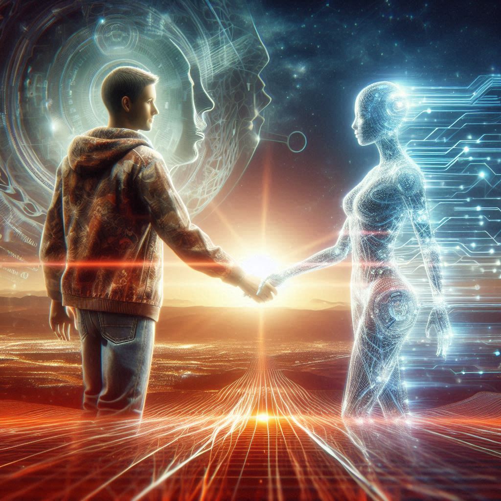 Umano e intelligenza artificiale che si stringono la mano – simbolo della co-creazione etica Fusion.43