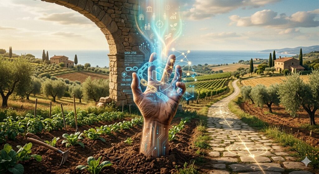 Rappresentazione simbolica di Fusion.43: una mano che emerge dalla terra coltivata intrecciata con circuiti digitali e flussi di dati crittografici.